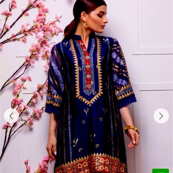 Annus Abrar Dresses & Skirts - Navy and Gold Patterned Midi Dress